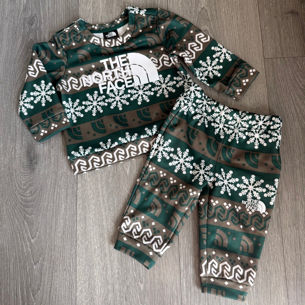 The North Face‎ Infant Snowflake Print Sweatshirt Pants Set 3-6M Green Brown
